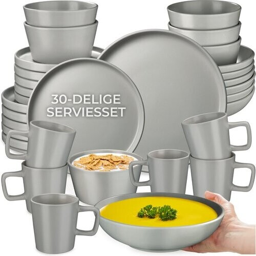 Tweedekans tectake® Serviesset Una - 30-delig - Aardewerk - 6 Persoons - Stijlvol en Duurzaam Servies - Bordenset met Grote en Kleine Borden, Kommen, Schaaltjes - Kopjes - Grijs Tweedehands