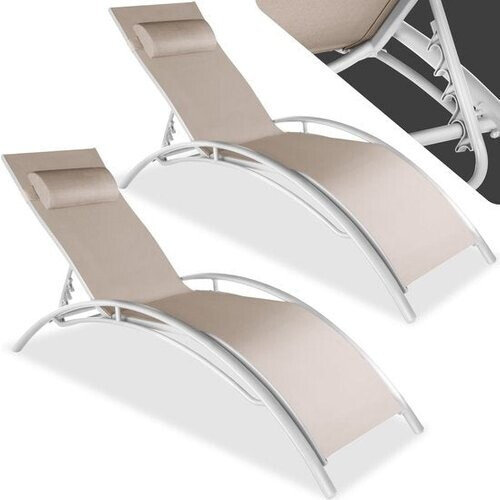 Tweedekans tectake® set van 2 tuinstoelen ligstoelen - aluminium ligbedden - weerbestendig - ideaal voor tuin - balkon - terras - inclusief hoofdkussen - 5-voudig verstelbare rugleuning - beige Tweedehands