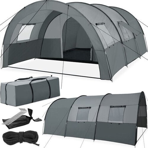 Tweedekans tectake® - Tunneltent voor 6 personen - Familietent op stahoogte - Voortent - Campingtent grote slaapcabine met grondzeil - 4 ramen, waterafstotend, 480 x 350 x 195 cm, donkergrijs/lichtgrijs Tweedehands