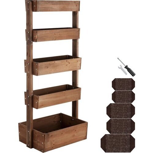 Tweedekans tectake® Verticale Tuin Flora - Met 5 Plantenbakken voor Bloemen, Kruiden of Groenten - Bruin - 81 x 52 x 180 cm - Kweekbak voor Moestuin - Kantelbare Bloembakken van Gelakt Dennenhout - Inclusief Vliesdoek/Worteldoek - Weerbestendig en Stabie Tweedehands