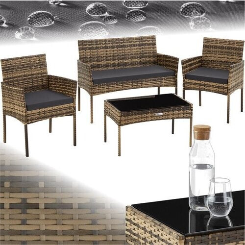 Tweedekans tectake® - Wicker tuinset Palese - Zitgroep voor 4 personen - Tuinmeubelset met loungebank, tuintafel en 2 tuinstoelen inclusief zitkussens - Tuinmeubelen - Waterafstotend - Grijs Tweedehands