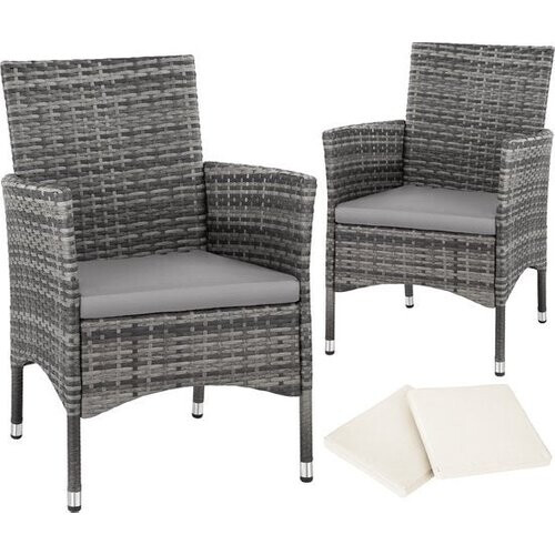 Tweedekans Tectake Wicker Tuinstoelen – 2 Stuks, Incl. 4 Kussenhoezen, Draagvermogen 120 kg – 59 x 57 x 85 cm – Grijs Tweedehands