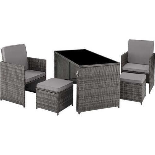Tweedekans tectake® - wicker zitgroep, 5-delige lounge tuinmeubelset met tafel, fauteuil en kruk, eetgroep voor maximaal 4 personen, tuin- en balkonmeubilair inclusief kussens – grijs - poly-rattan