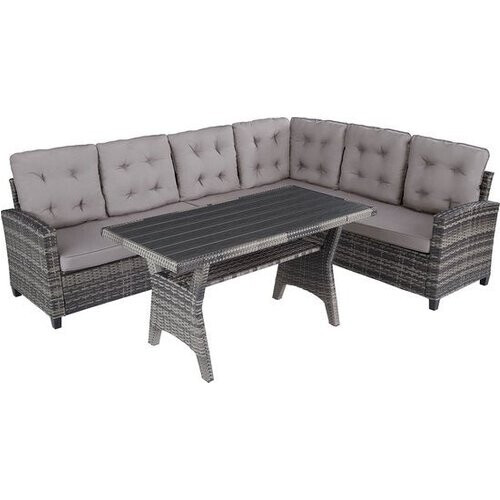 Tweedekans tectake® - Wicker zitgroep tuinbank, set met bank en eettafel, rotan hoekbank buitenlounge, zithoek weerbestendig als tuinlounge, balkonmeubel, wintertuin, terras - grijs - poly-rattan Tweedehands