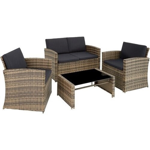 Tweedekans tectake® - Wicker zitgroep tuinset loungeset Lucca - bank/2 stoelen/tafel met glasplaat - natuurkleur - 404916 - poly-rattan Tweedehands