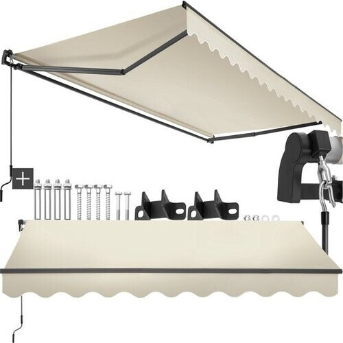 Tweedekans tectake® Zonnescherm met Knikarm - 300 x 250 cm - Zonneluifel - Zonwering voor Raam, Balkon, Buiten - Te Monteren aan Muur - Water- en UV-Bestendig - Beige Tweedehands