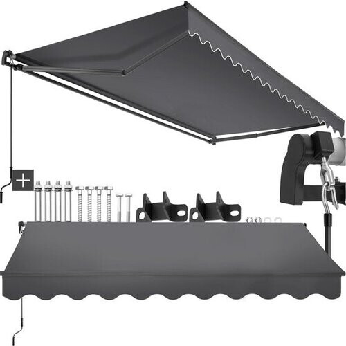 Tweedekans tectake® Zonnescherm met Knikarm - 300 x 250 cm - Zonneluifel - Zonwering voor Raam, Balkon, Buiten - Te Monteren aan Muur - Water- en UV-Bestendig - Donkergrijs Tweedehands