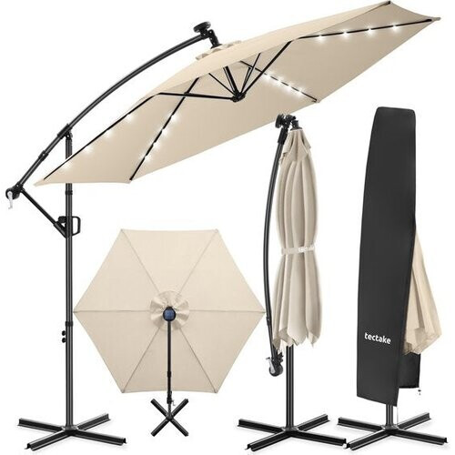 Tweedekans tectake® Zweefparasol met Voet - 3 x 3 m - Tuinparasol met LED-Verlichting op Zonne-Energie - Draaibaar - Waterafstotend Polyester met UV-Bescherming - Inclusief Hoes - Beige Tweedehands