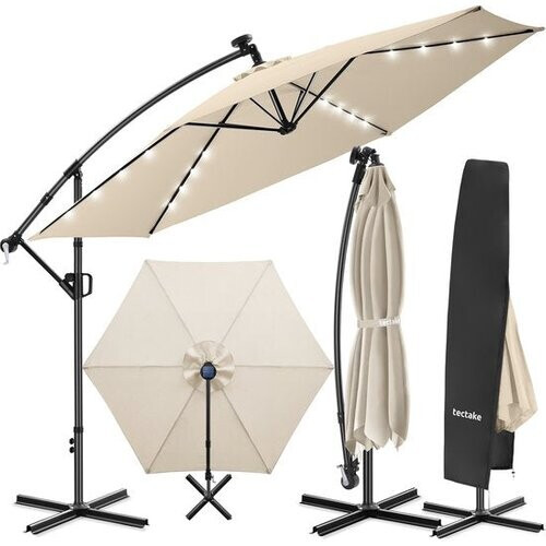 Tweedekans tectake® Zweefparasol met Voet - 3,5 x 3,5 m - Tuinparasol met LED-Verlichting op Zonne-Energie - Draaibaar - Waterafstotend Polyester met UV-Bescherming - Inclusief Hoes - Beige Tweedehands