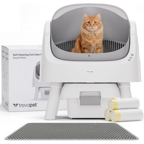 Tweedekans TrevoPet® Automatische Kattenbak - Zelfreinigend & Veilig - Voor Katten tot 12KG - Incl. Mat, 60 Afvalzakjes & Accessoires - 10L Afvalbak - Wit & Grijs Tweedehands