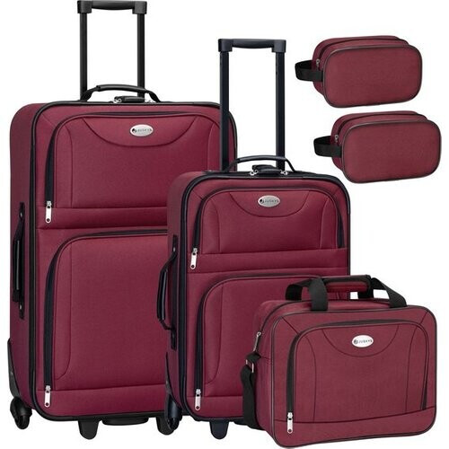 Tweedekans Juskys – Athen 5-delige Trolleykofferset – Softcase – 60L/34L – Schoudertas & Make-uptassen – Bordeaux Tweedehands