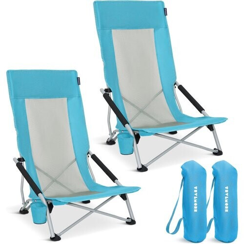 Tweedekans TRVLMORE Strandstoelen Set van 2 - Inklapbaar - 130KG Draagkracht - Met Bekerhouder en Draagtas - Hoge Rugleuning - Blauw Tweedehands