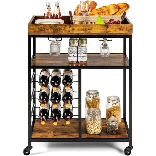 Tweedekans Verrijdbare Serveerwagen Multifunctionele 3-Etage Trolley met Vergrendelbare Wielen Keukentrolley Verrijdbare Wijnopslag Trolley