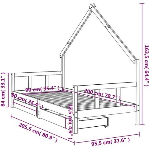 Tweedekans vidaXL - Kinderbedframe - met - lades - 90x200 - cm - massief - grenenhout - zwart