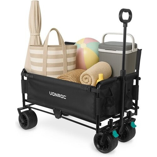 Tweedekans VONROC Bolderkar – Met zitfunctie – Opvouwbaar – 120 kg draagvermogen – 115l inhoud – Massieve anti-lek wielen – Stevig stalen frame – Polyester 600D - Zwart Tweedehands
