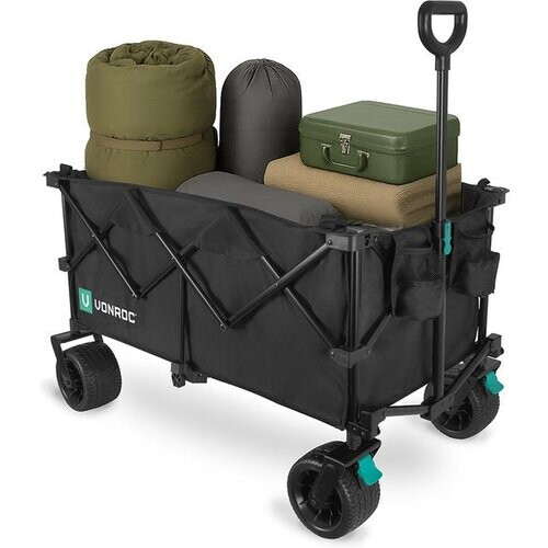 Tweedekans VONROC Bolderkar XL – Opvouwbaar - 80 kg draagvermogen – 200l inhoud - Extra ruim model - Massieve anti-lek wielen - Stevig stalen frame – Polyester 600D - Zwart Tweedehands
