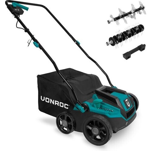 Tweedekans VONROC Elektrische verticuteermachine - gazonbeluchter – 1300W – maaibreedte 320 mm – 4 dieptestanden (12/9/6/3 mm) – incl. 35L. opvangbak Tweedehands