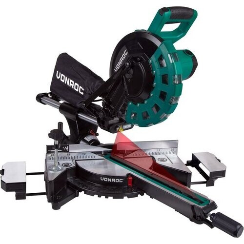 Tweedekans VONROC MS502AC Afkortzaag – 2200W – 4500 r/min - Verstelbare tafelverbreders – Groen - 82x48x41 cm