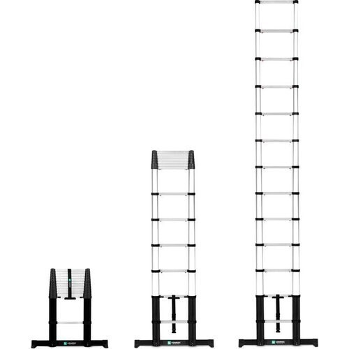 Tweedekans VONROC PRO telescoopladder - 3,80 meter - goedgekeurd volgens EU- en NL-veiligheidsnormen - softclose - geïntegreerde muursteunen en dwarsbalk voor meer grip en veiligheid Tweedehands