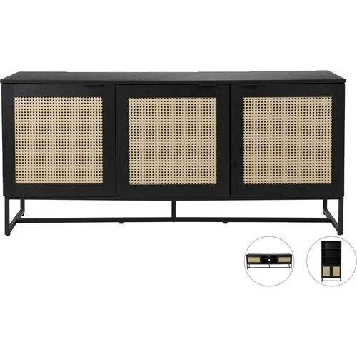Tweedekans by fonQ TV-Meubel Cube – 150 x 40 x 50 cm – Zwart Houten Kast Met Rotan Webbing Details En Metalen Onderstel – Bohemian Stijl Tweedehands
