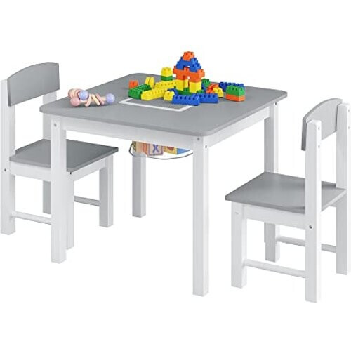 Tweedekans Woltu Kinder Tafel en Stoelen Set met Omkeerbaar Speelblad - Wit en Grijs Tweedehands