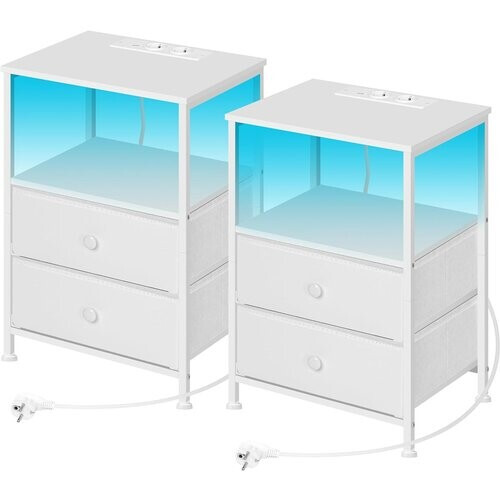 Tweedekans Woltu Nachtkastje met Stopcontact en Ledverlichting - Set van 2 - Wit - 40x30x60 cm Tweedehands