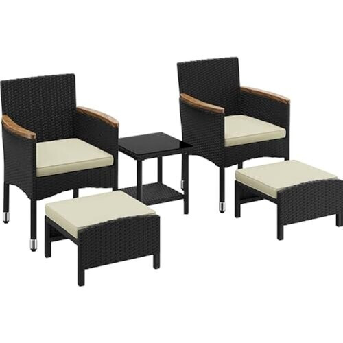 Tweedekans Yaheetech 5-Delige Loungeset Zwart/Beige – PE Rotan – Stoel 62 x 61,5 x 84,5 cm – Met Tafel en Voetenbanken Tweedehands