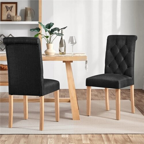 Tweedekans Yaheetech Eetkamerstoel Met Hoge Rugleuning 2 Stuks – Voorzien Van Gecapitonneerde Rug En Massief Eikenhouten Poten En Verstelbare Beschermpoten – Voor Keuken En Restaurant – Zwart Polyester En Eikenhout – 45,5 x 62 x 98,5 cm Tweedehands