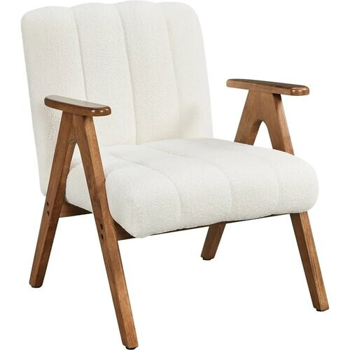 Tweedekans Yaheetech Fauteuil Wit – Bouclé Loungestoel met Armleuningen en Houten Poten – 60,5 x 68,5 x 73 cm Tweedehands