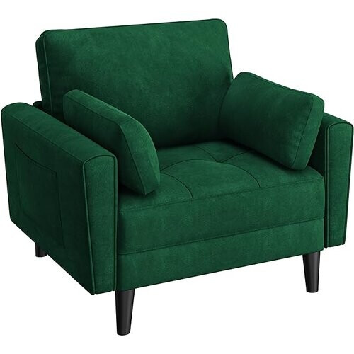 Tweedekans Yaheetech Moderne Woonkamerfauteuil met Armleuningen en Zakken Relaxfauteuil met Kussens Houten Frame Stoffen Slaapkamerfauteuil voor Woonkamer Groen Tweedehands