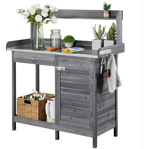 Tweedekans Yaheetech Oppottafel Tuintafel – 101 x 46,5 x 125 cm – Gegalvaniseerd Metalen Werkblad - 3 Zijhaken - Verwijderbare Zijpanelen – Grijs Vurenhout - Metaal Tweedehands
