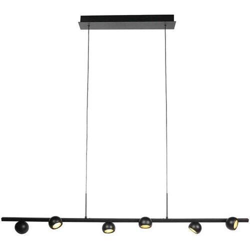 Tweedekans Zwarte hanglamp Marcadore 120cm breed 6 lichts met draaibare reflector kogels, verstelbaar in hoogte, van Steinhauer van kunststof en metaal, modern retro stijl, voor binnen gebruik Tweedehands