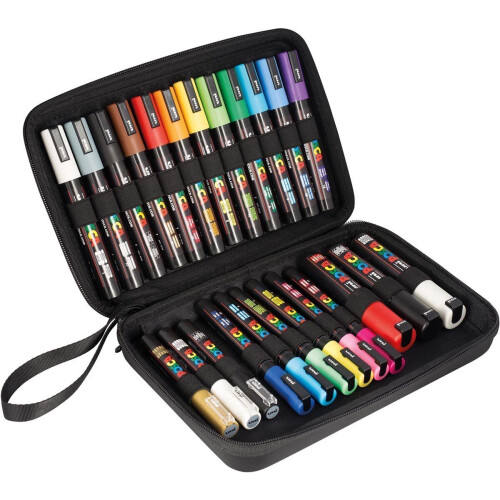 Uni Mitsubishi Pencil - Etui Posca - 24 Posca Markers - Pointes Extra-Fines PC1MC / Fines PC3M / Moyennes PC5M / Biseautees PC8K - Marqueurs Peinture Base d'Eau Tweedehands
