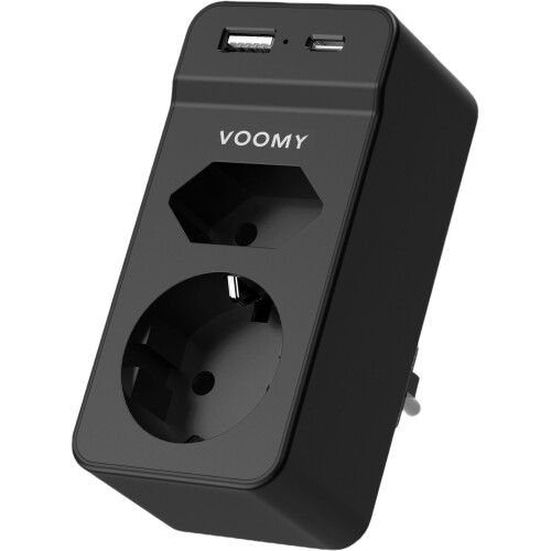 Voomy Split X2S - Verdeelstekker - 2 stopcontacten - 1 USB-C & 1 USB-A - Zwart