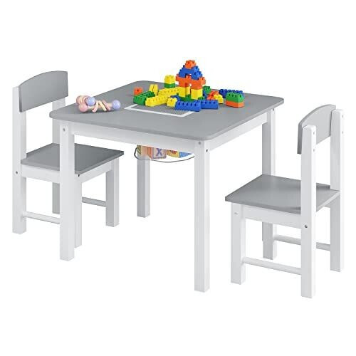 Woltu Kinder Tafel en Stoelen Set met Omkeerbaar Speelblad - Wit en Grijs