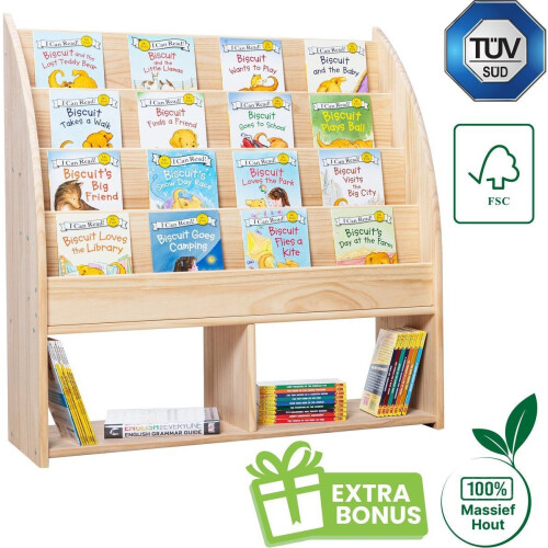 WonderMind Kinderboekenkast - Gecertificeerd 100% Massief Hout - B90 x H95 x D35 cm - Montessori - Kinderkamerkast