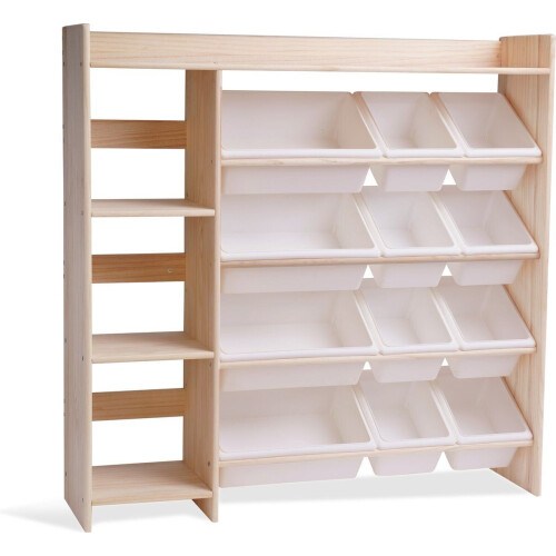 WonderMind WA-M001 - Massief Houten Montessori Speelgoedkast - 9 Opbergdozen en Boekenplanken - Wit/Bruin - W115× H115 × D30 cm